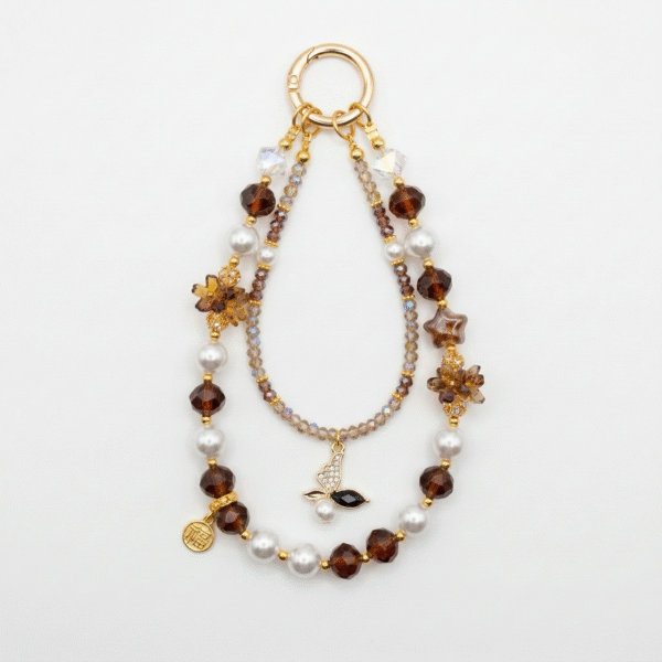 Brown Crystal Pearl Phone Charm | Butterfly Beaded Phone Strap | Elegant Vintage Phone Lanyard | Handmade Phone Jewelry | Bag Keychain Charm